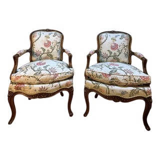 Louis Xv Style Armchairs Upholstered in Floral Fabric, Set of 2 For Sale