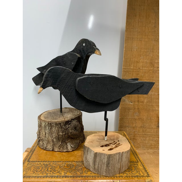 Black Late 20th Century Pair of Vintage John Brannon Folk Art Wooden Black Crows on Stands For Sale - Image 8 of 9