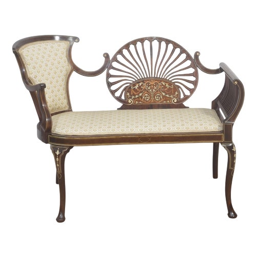 Mahogany Settee with Fan Back and Floral Marquetry, 1890s For Sale