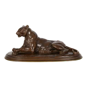 French Antique Bronze Sculpture of Tigress at Rest by Paul Edouard Delabrierre