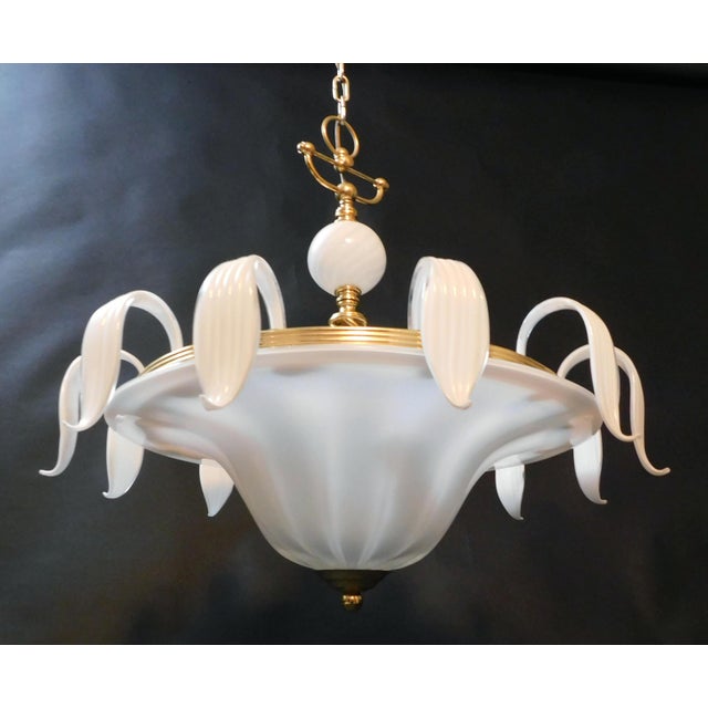 Vintage Italian chandelier with ribbed milky white Murano glass / Made in Italy, circa 1960s Measures: diameter 27.5...