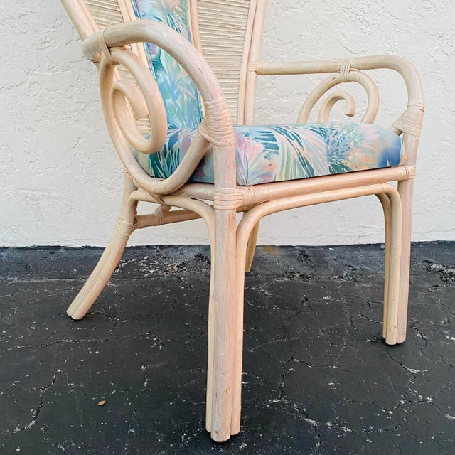 Vintage Peacock Style Chair With Rattan Reed, Bent Wood Swirls and Tropical Palm Upholstery For Sale - Image 10 of 13