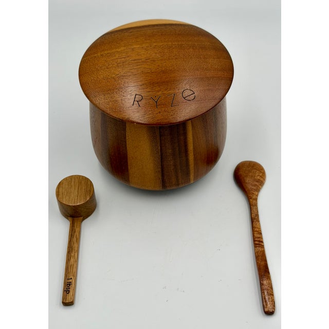 Modern Ryze Mushroom Coffee Acacia Wood Handcrafted Storage Jar Container W/ Spoons 3pc Set For Sale - Image 3 of 7