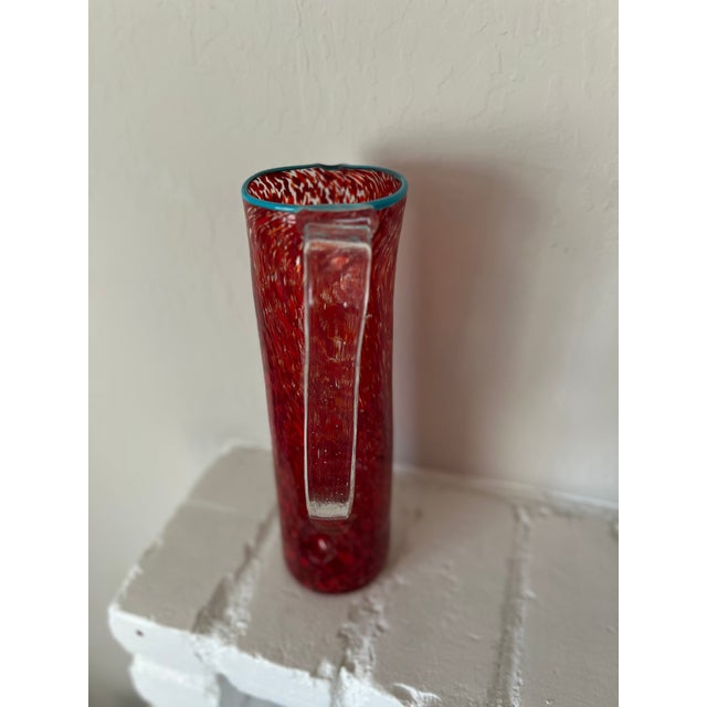 Vintage Hand-Blown Red Spatter Glass Pitcher Turquoise Rim c.1960s-1980s For Sale - Image 4 of 10