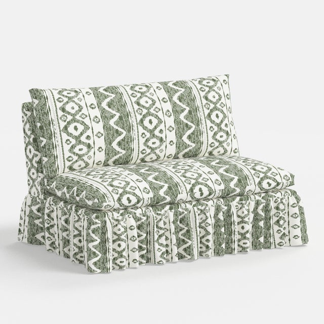 Wood Capra Ruffle Settee in Linny Ikat Sage For Sale - Image 7 of 7