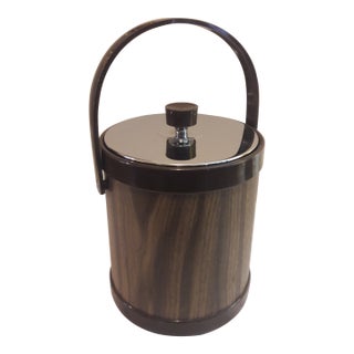 Vintage Retro Atapco Faux Wood Grain / Chrome Lid Round Ice Bucket For Sale