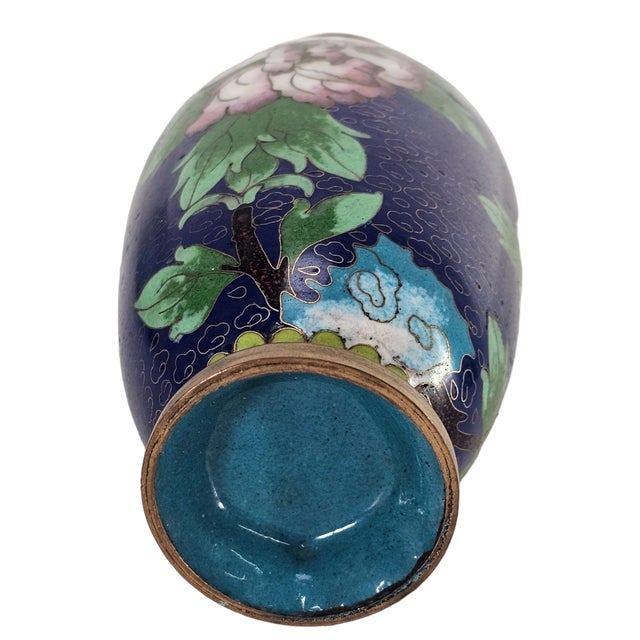 Blue Chinese Cloisonné Floral Brass Vase 6.25" For Sale - Image 8 of 8