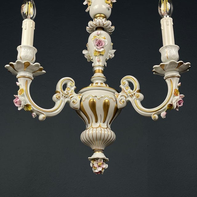 White Vintage Capodimonte Porcelain 3-Arm Chandelier, Italy, 1940s For Sale - Image 8 of 14