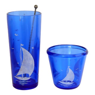 Midcentury Sailboat Cocktail Set W/ Ice Bucket For Sale