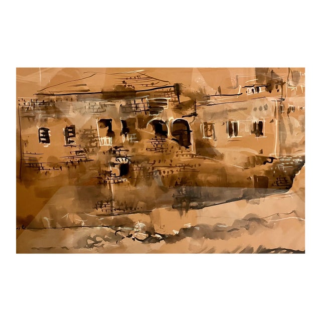 Moshe GatLarge Israeli Watercolor Gouache Painting Jerusalem Landscape Moshe Gat, c. 1960 For Sale