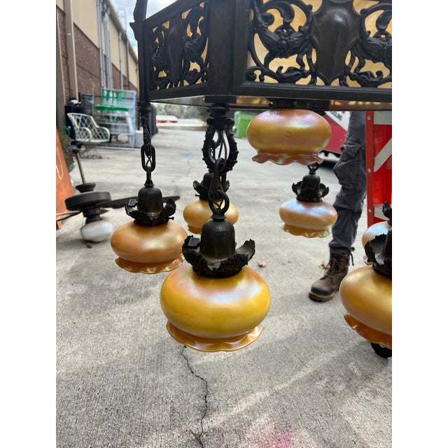 Vintage Heavy Brass Detailed Chandelier With Stained Glass Accents For Sale In Atlanta - Image 6 of 12