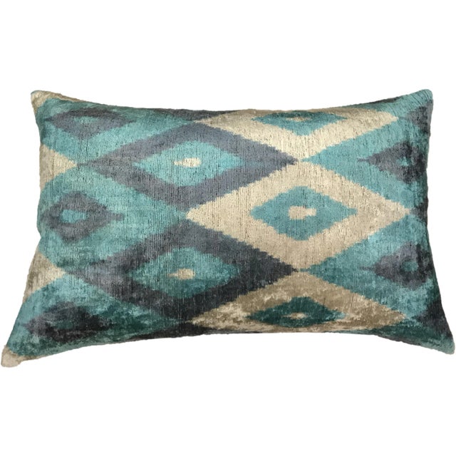 Contemporary Silk Uzbek Ikat Velvet Hand Made Pillow Cushion,16x24 For Sale - Image 3 of 3