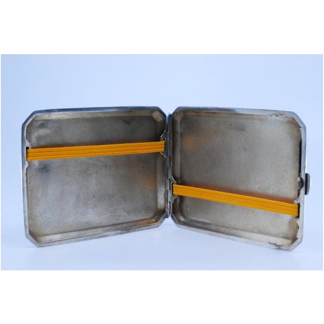 Metal Silver Cigarette Case with Beveled Corners, Monogram Card and Hinged Lid For Sale - Image 7 of 10