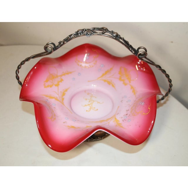 Metal Antique Ornate Silverplate Enameled Glass Centerpiece Footed Fruit Bowl Compote For Sale - Image 7 of 12