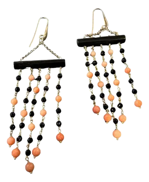 1990s Stunning Onyx and Sciacca Coral Chandelier Earrings by Carola