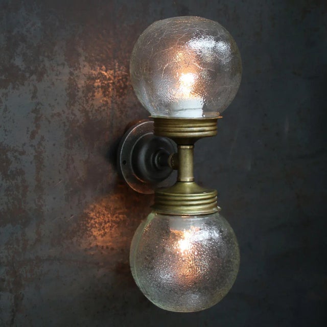 Double vintage brass and cast iron sconce wall lamp Brass top with frosted glass Diameter wall mount 10.5 cm / 4” 2x...