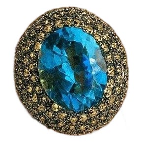 Bochic "Orient" Vintage Gray Diamond, & Blue Topaz Ring Set In 18K Gold & Silver For Sale