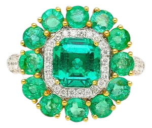 GRS Certified 4.93 Carat Emerald & Diamond 18k Gold Floral Cluster Cocktail Ring, Size 6.5