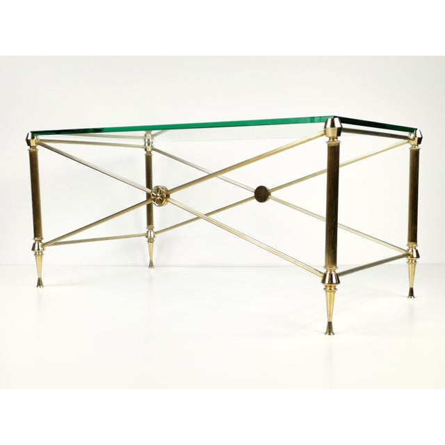 1960s French Hollywood Regency Coffee Table in Brass-Plated Metal with Glass Top in the style of Maison Jansen, 1960s For Sale - Image 5 of 11