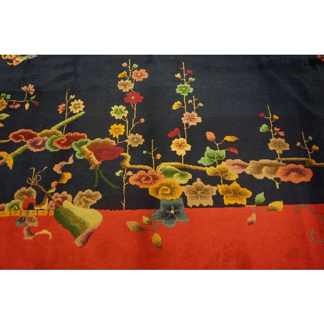 1920s Blue Navy Floral Modern Antique Chinese Art Deco Rug 9' 3"x11' 8" Hand Knotted Pile Wool Carpet For Sale In New York - Image 6 of 6