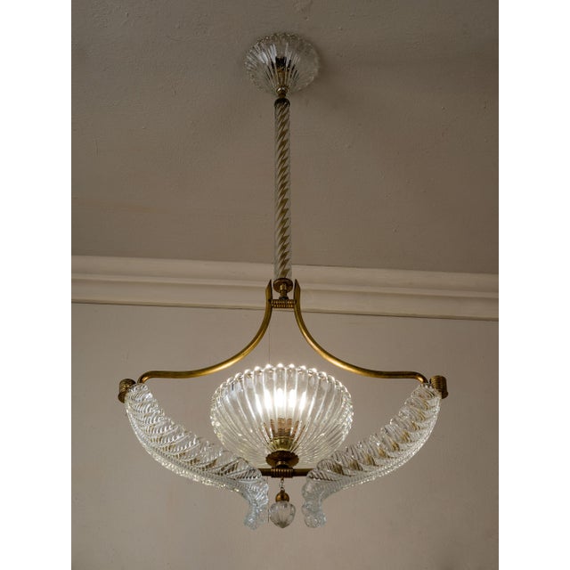Vintage Italian Art Deco Brass Chandelier with Glass Leaves attributed to Ercole Barovier for Barovier&Toso, 1940s For Sale - Image 11 of 14