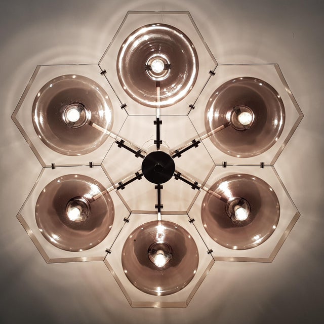 Italian midcentury flush mount with six smoky Murano glass shades mounted on solid brass frame in satin nickel finish /...
