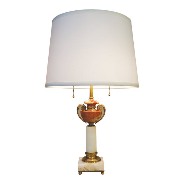 1930s French Depose Art Deco Neo Classic White/Salmon Onyx Marble Column & Urn Bronze Table Lamp For Sale