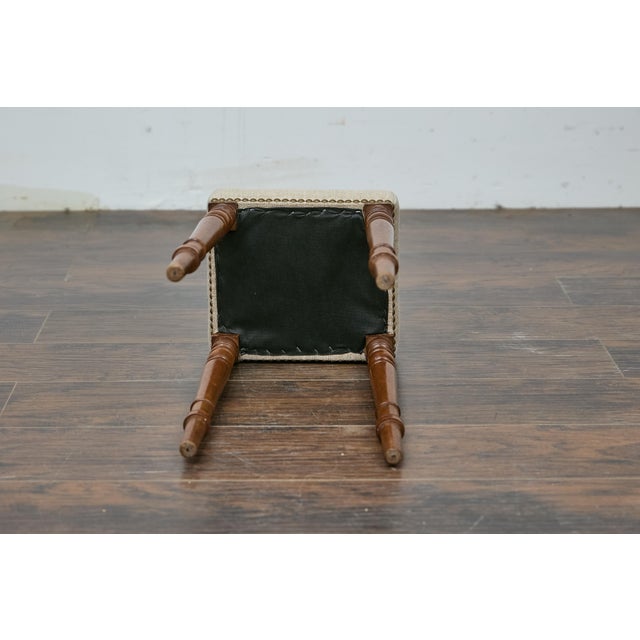 19th Century English 19th Century Petite Oak Stool with Turned Legs and Linen Upholstery For Sale - Image 5 of 7