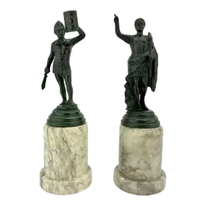 Pair, Grand Tour Style Ceaser Augustus & Roman Soldier Bronze & Marble Figures