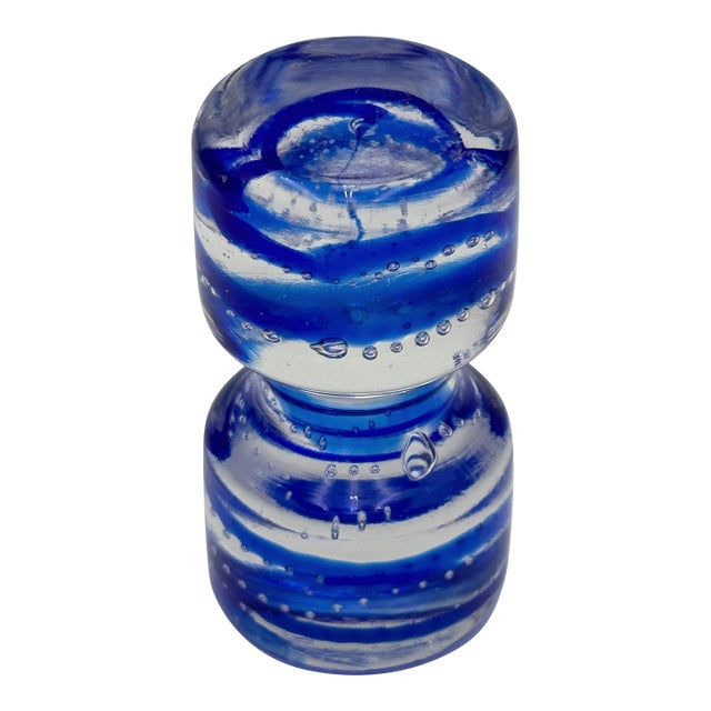1970s Murano-Style Blue and Clear Bullicante Art Glass Paperweight For Sale