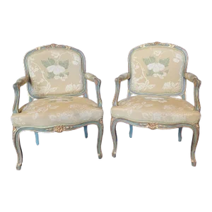 St. Tropez Painted & Silk French Louis XV Style Bergere Armchairs -A Pair