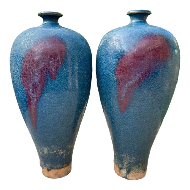 Pair of 19th-Century Chinese Jun Ware Vases – Flambé Glaze For Sale