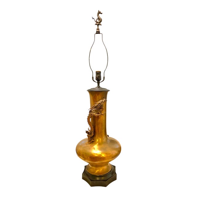 Antique Japanese Bronze High Relief Dragon Lamp Large 36" Meiji Period With Engraved Base For Sale