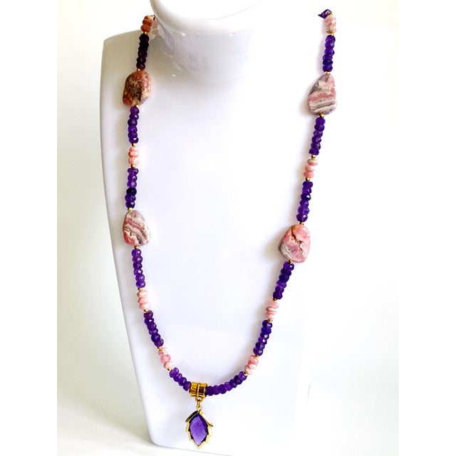 Artisan Amethyst Pendant Necklace With Genuine Argentine Rhodochrosite and Gilded Accents For Sale - Image 4 of 18