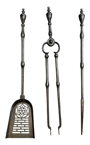 Antique English Fire Tools in Burnished Steel, 1840, Set of 3