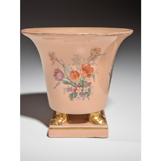 American Vintage 1940s Princeton China Footed Urn Vase – Peach Glaze, Floral Motif & Gold Accents For Sale - Image 3 of 6