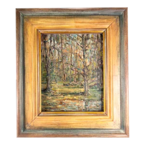 Mid-Century Modern Impressionist Oil Painting Wooded Landscape Signed Campbell