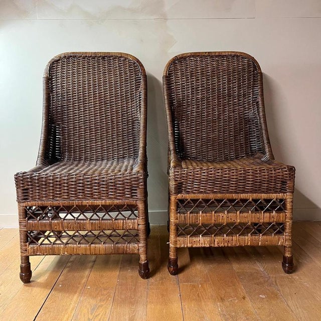 Wood Vintage Chocolate Brown Wicker Chairs, Set of 2 For Sale - Image 7 of 9