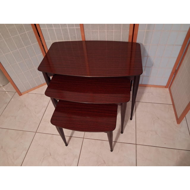 Vintage Mid Century Modern Nesting Tables Set of Three Mahogany With Mahogany Laminate Tops. For Sale - Image 14 of 17