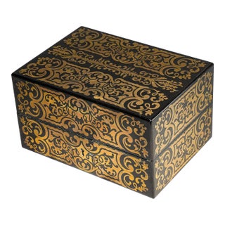 Stately Victorian Antique Ebonized Wood & Brass Boulle Inlaid Lady’s Dressing Box With Sterling Silver Crystal Bottles Home Decor For Sale