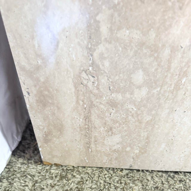 Tan Postmodern Faux Travertine Laminate Waterfall Credenza With Gold Accent For Sale - Image 8 of 9