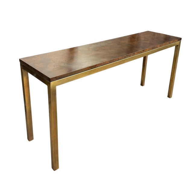 1970s 1970s Modern Burl Walnut and Brass Parson’s Style Console Table / Slim Desk For Sale - Image 5 of 7