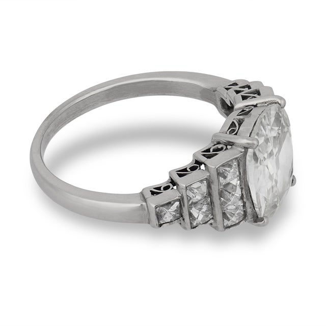 Modern 1920s Gia 2.04 Carat Cushion and French Cut Diamond Platinum Engagement Ring, Size 6 For Sale - Image 3 of 7
