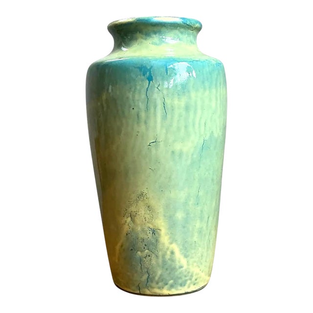 Vintage Blue and Yellow Glazed Ceramic Vase For Sale