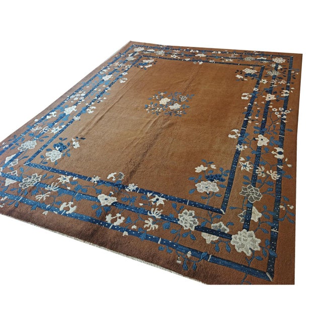 1920s Minimalist Open Brown Field Floral Chinese Room Size Peking Wool Rug For Sale - Image 4 of 7