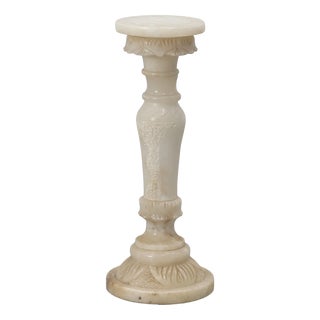 Italian Turned Alabaster Pedestal Column with Carved Leaf Capital, 1900s For Sale
