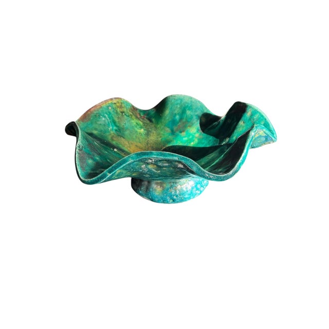 Late 20th Century Ruffled Raku Signed Pottery Bowl For Sale - Image 12 of 18