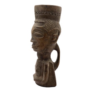 Antique African Carved Wood Palm Wine Cup / Female Figure - Tribal Art, DRC For Sale