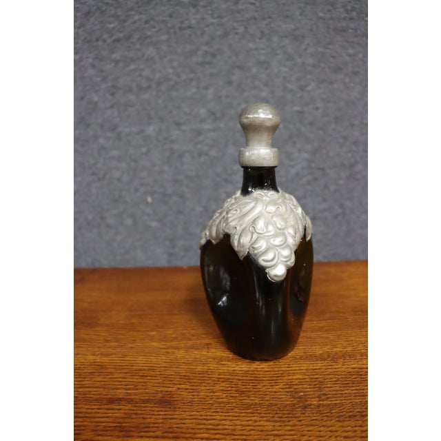 Green Mid 20th Century Rococo Danish Emerald Green Glass Flask With Ornate Pewter Overlay For Sale - Image 8 of 10
