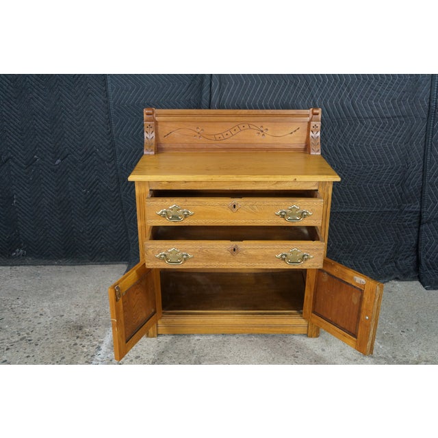 Antique Victorian Eastlake Carved Oak Parlor Cabinet Washstand Commode Chest 30" For Sale - Image 11 of 18